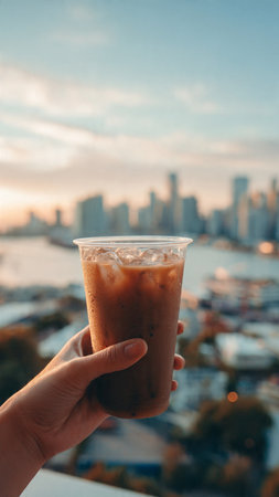 Iced coffee in hand on the background of the cityscape.の写真素材