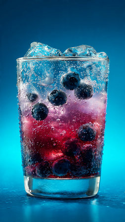 Cocktail with blueberries in a glass on a blue backgroundの写真素材
