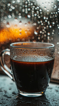Cup of coffee on a rainy day. Selective focus.の写真素材