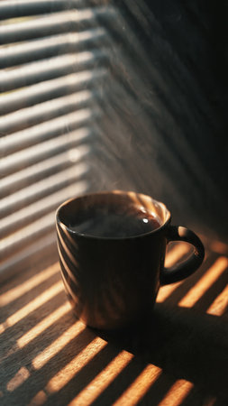 Cup of coffee on window sill with sunlight and shadow. Selective focus.の写真素材