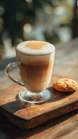 Cappuccino in a glass cup with oatmeal cookies on a wooden tableの写真素材