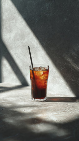 Iced cola in a glass with straw on the table.の写真素材