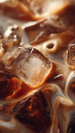 Ice cubes in coffee, close-up, macro, top view