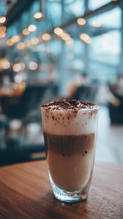 Cappuccino with whipped cream in a glass on a wooden tableの写真素材