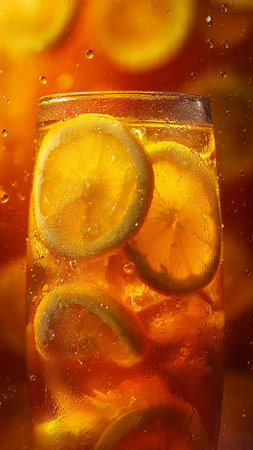 Glass of iced tea with lemon and ice cubes on orange backgroundの写真素材