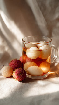 Rambutan and lychee in a glass on a white backgroundの写真素材