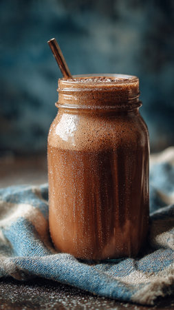 Chocolate smoothie in a glass jar with a cinnamon stick.の写真素材