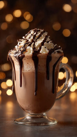 Hot chocolate with whipped cream in a glass cup on a dark background