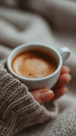 Female hands in warm sweater holding cup of coffee. Cozy winter concept.