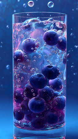 Blueberry drink with ice cubes and bubbles on blue background, close upの写真素材