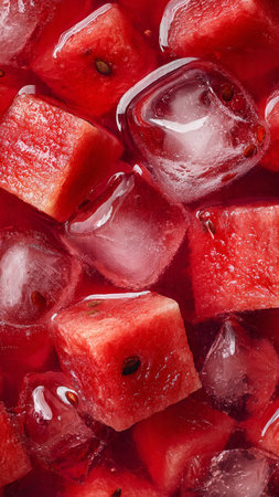 Watermelon juice with ice cubes, top view, close-upの写真素材