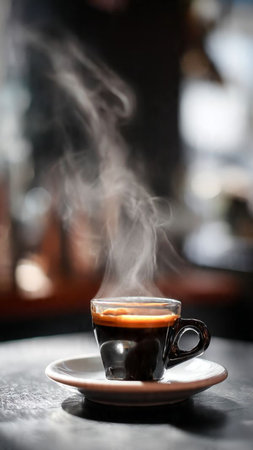 Cup of coffee with steam on the table in the cafe.の写真素材
