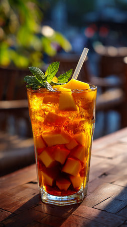 Mango ice tea with mint in a glass on a wooden tableの写真素材