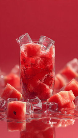 Watermelon and ice cubes in a glass on a red background.の写真素材