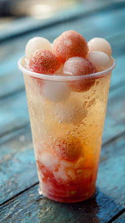 Strawberry lemonade in plastic cup on blue wooden table.の写真素材