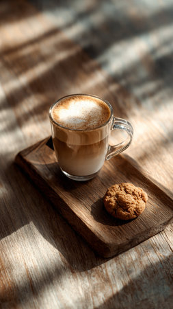 Cup of cappuccino with oatmeal cookies on wooden boardの写真素材