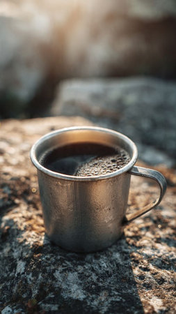 Cup of coffee on the stone in the morning. Selective focus.の写真素材