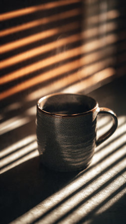 Cup of coffee on the windowsill in the morning. Morning sunlight.の写真素材