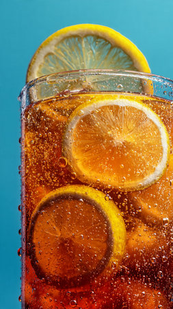 A glass of cola with lemon and ice on a blue backgroundの写真素材