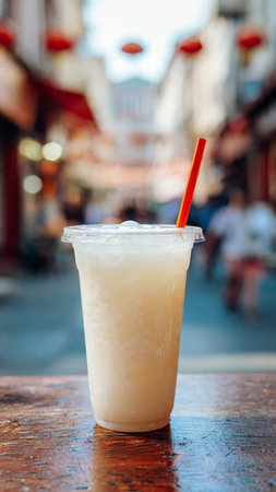 Ice coffee in a cup on the table in the old city.