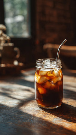 Iced coffee in a glass with ice cubes on a wooden table