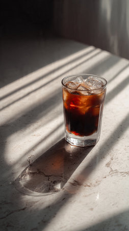 Glass of cola with ice cubes on white marble table with shadowの写真素材