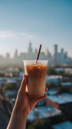 Iced coffee in hand on the background of the skyscrapersの写真素材