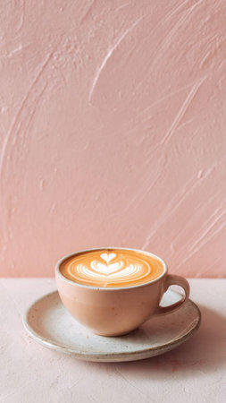 Cup of coffee latte art on pink pastel background.の写真素材