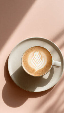 Cup of cappuccino with latte art on pink backgroundの写真素材