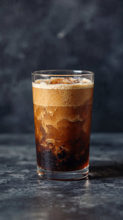 Iced coffee in a glass on a dark background, selective focus.
