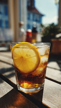 A glass of cola with lemon on a table in a restaurantの写真素材