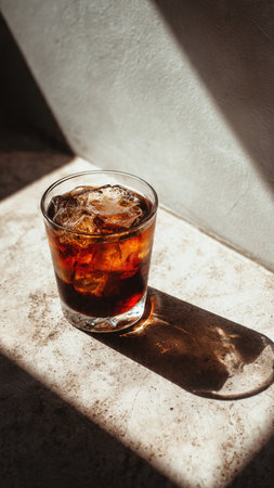 Cola with ice cubes in a glass on a white table in the sunlightの写真素材