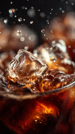 cola with ice cubes on a dark background. close-upの写真素材