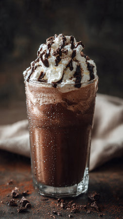 Chocolate smoothie with whipped cream and chocolate chips on a dark background