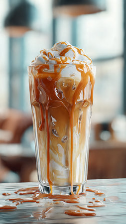 Iced caramel coffee in glass on table in cafe, closeupの写真素材