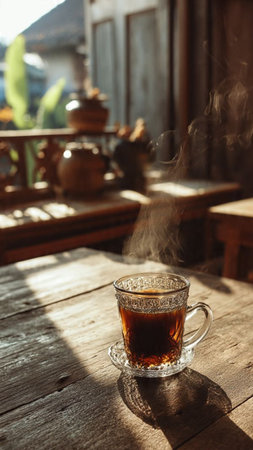 A cup of black tea on a wooden table in the sunlight.
