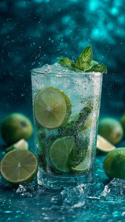 Mojito cocktail with lime, mint and ice on blue backgroundの写真素材