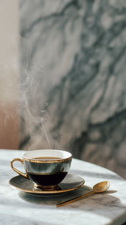 Cup of coffee on a table in a cafe, stock photoの写真素材