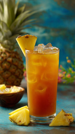 Pineapple juice with ice in a glass on a blue background