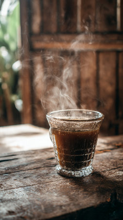Coffee in a glass cup on a wooden table with smokeの写真素材