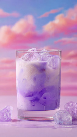 Ice cubes in a glass of water with pink clouds in the backgroundの写真素材
