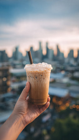 Iced coffee with milk on top of the building background, stock photoの写真素材