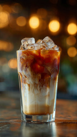 Iced coffee in a glass with ice cubes on the table.の写真素材
