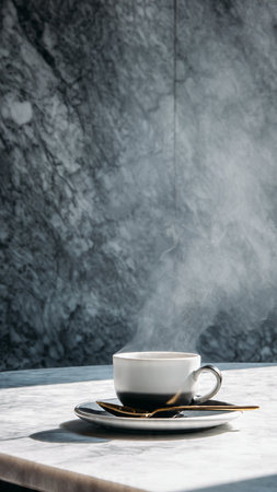 Coffee cup on table in cafe with copy space.の写真素材