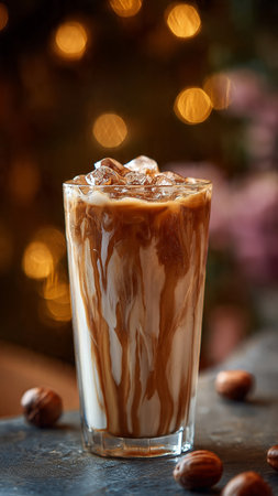 Iced coffee with milk and caramel in a glass on a dark backgroundの写真素材