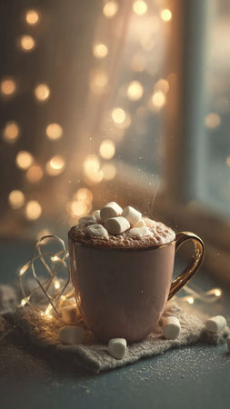 Cup of hot cocoa with marshmallows and lights on backgroundの写真素材