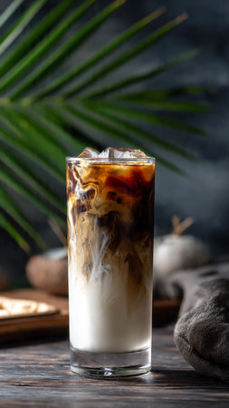 Iced coffee with milk and ice cubes on a dark background.の写真素材