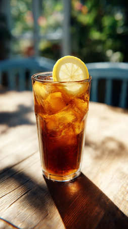 Glass of cola with ice cubes and lemon slice on wooden tableの写真素材