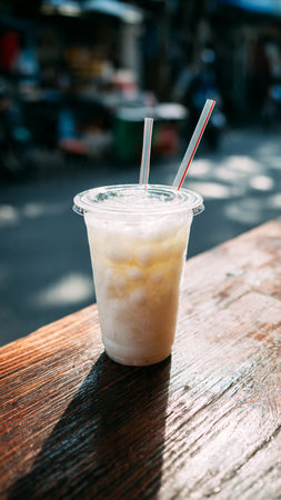 Coconut milk shake in plastic cup on wooden table, Thailand.の写真素材