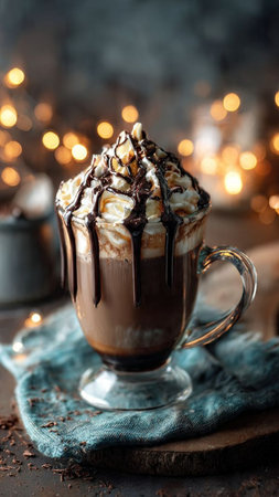Hot chocolate with whipped cream and chocolate sauce in a glass cup on a dark backgroundの写真素材